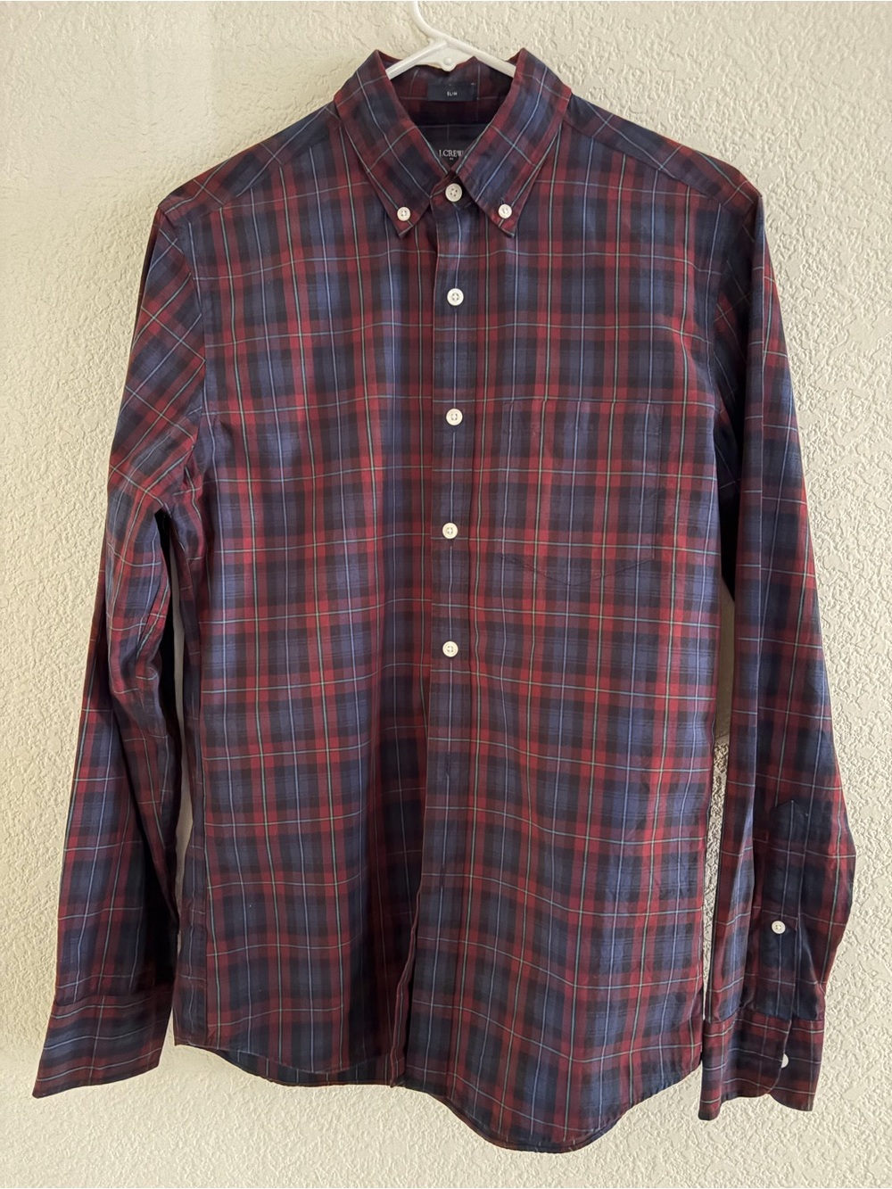 J. Crew Men's Red and Navy Plaid Button-Down Oxford Shirt